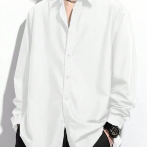 chemise décontractée ample à manches longues et boutonnage simple en couleur unie pour hommes en grande taille