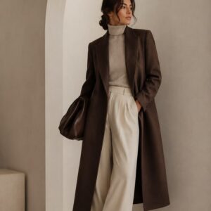 neutral winter outfit brown coat & cream trousers 