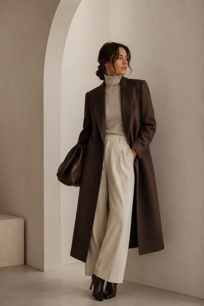 Neutral Winter Outfit Brown Coat Cream Trousers 683x1024