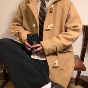 vintage horn buckle woolen hooded coat beige m